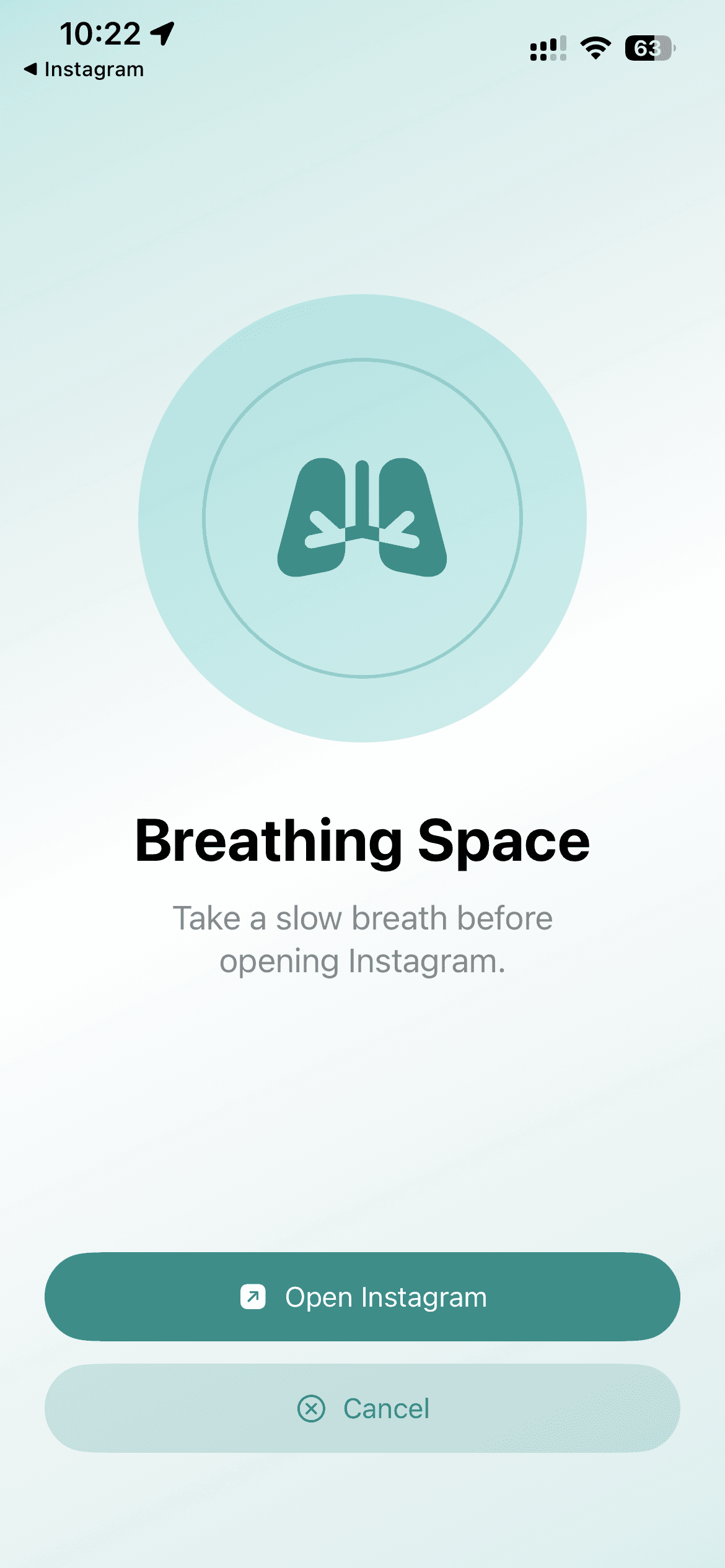 Breathing Space showing a slow breathing pause before opening Instagram